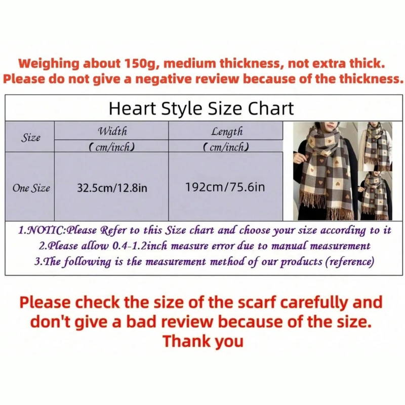 1 Piece of Women's Autumn and Winter Heart-Shaped Scarf, Women's Plaid Comfortable Scarf, Thick Large Blanket Shawl Scarf