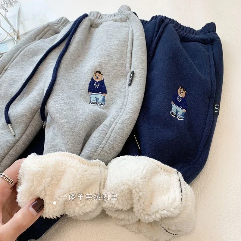 Kid Boys Tracksuit Plush Thick Pants Winter Integrated Velvet Lamb Sanitary Toddler Sport Pants Baby Warm Casual Trousers 1-7Y