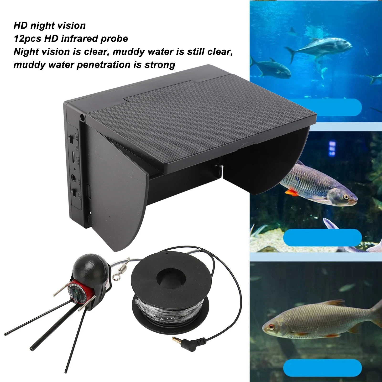 Underwater Fishing Camera 4.3in TN HD Underwater Fishing Camera IP68 Water Resistant Fish Finder with 12 Lights for