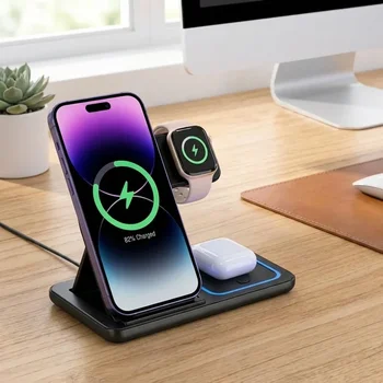 15W LED Fast Wireless Charger Stand 3 in 1 Foldable Charging Station Fast Charging Dock With LED Indicator Portable Desktop Trav 1