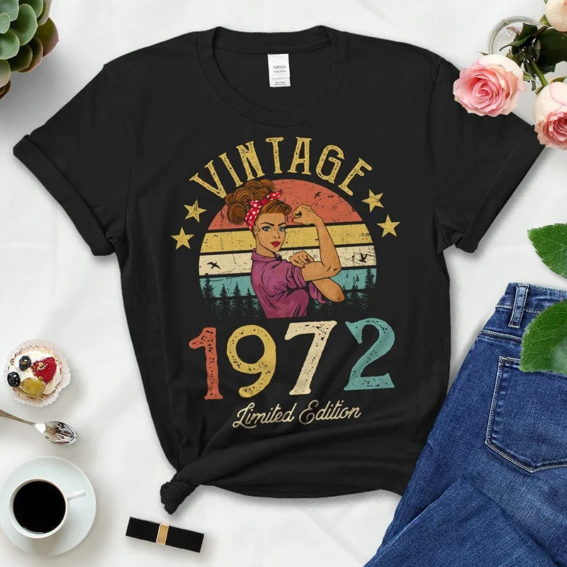 

Vintage 1972 Limited Edition Woman Tshirts Retro 52st 52 Years Old Birthday Party Gift Ladies T Shirts Summer Women Fashion Top