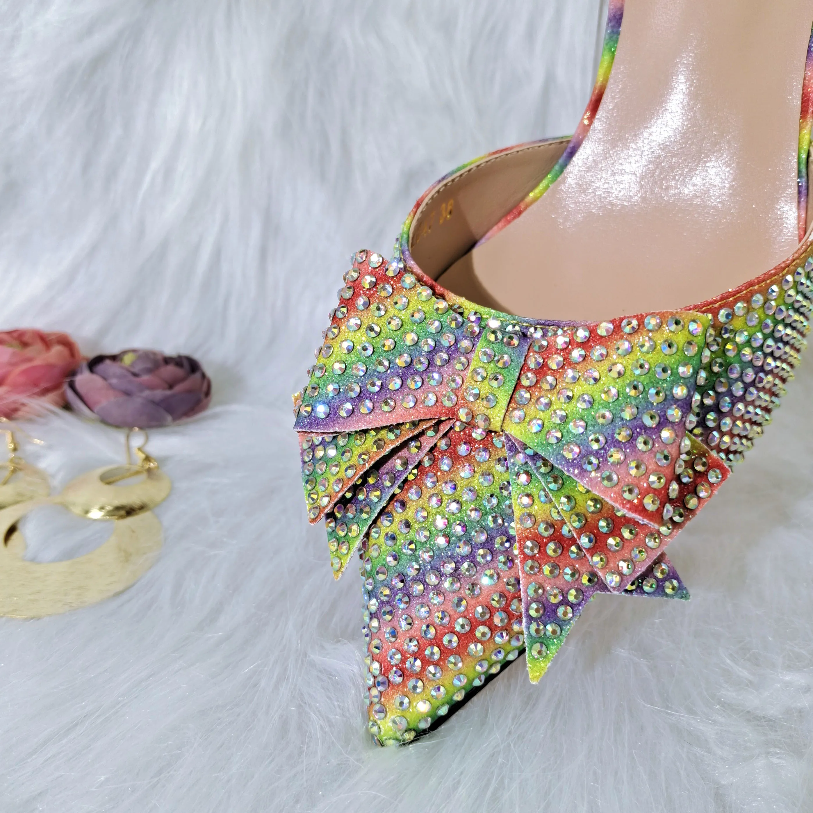 Crystal Decoration Style Rainbow Glass Heel Shoes and Bag Set for Party