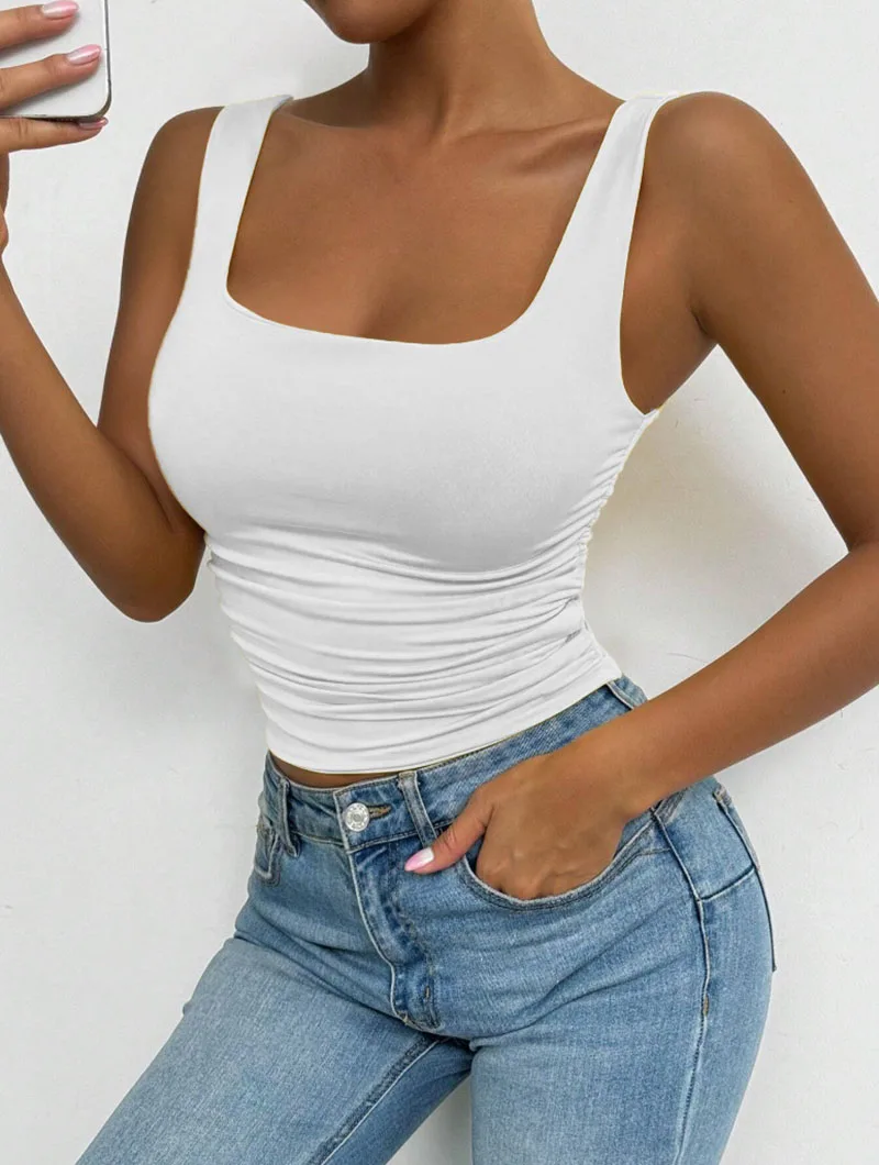 Damen Schwarz-Weißes Casual Basic Ärmelloses T-Shirt, Elegantes Schulterfreies Crop Top mit Quadratischem Ausschnitt, Sexy Figurbetontes Rückenfreies Tanktop – Detail 6