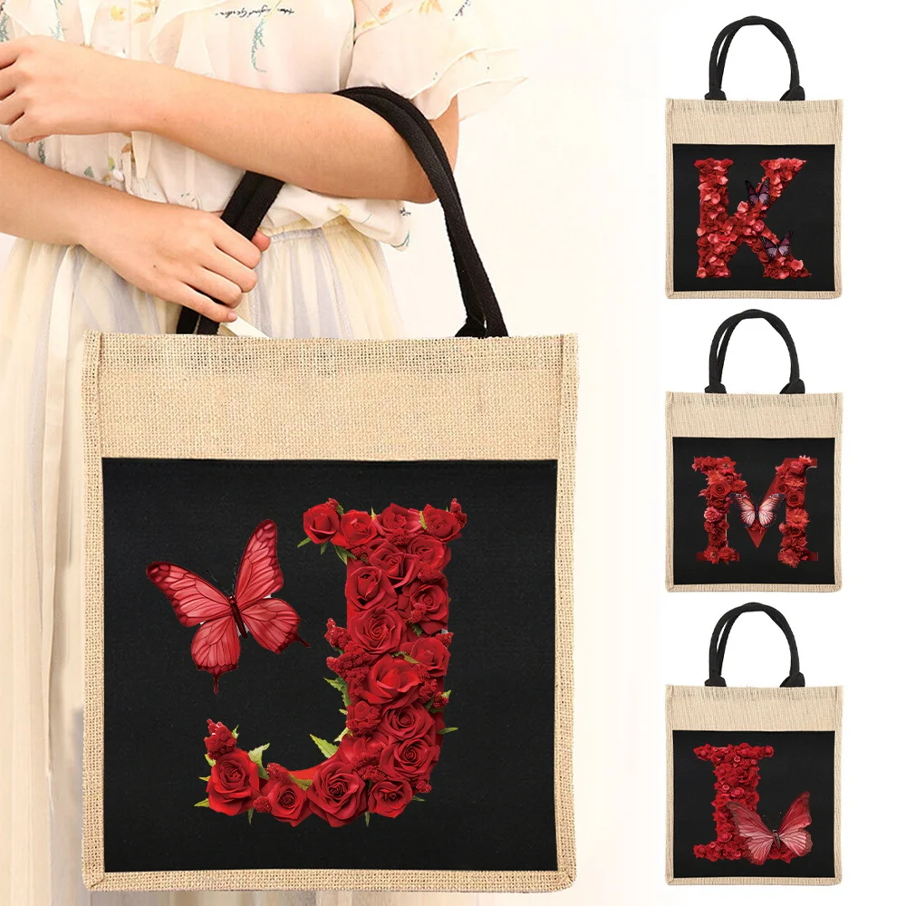 Minimalist Linen Bag Fashionable Women's Shopping Bags Outdoor Travel Environmentally Red Rose Pattern Series Item Storage Bag