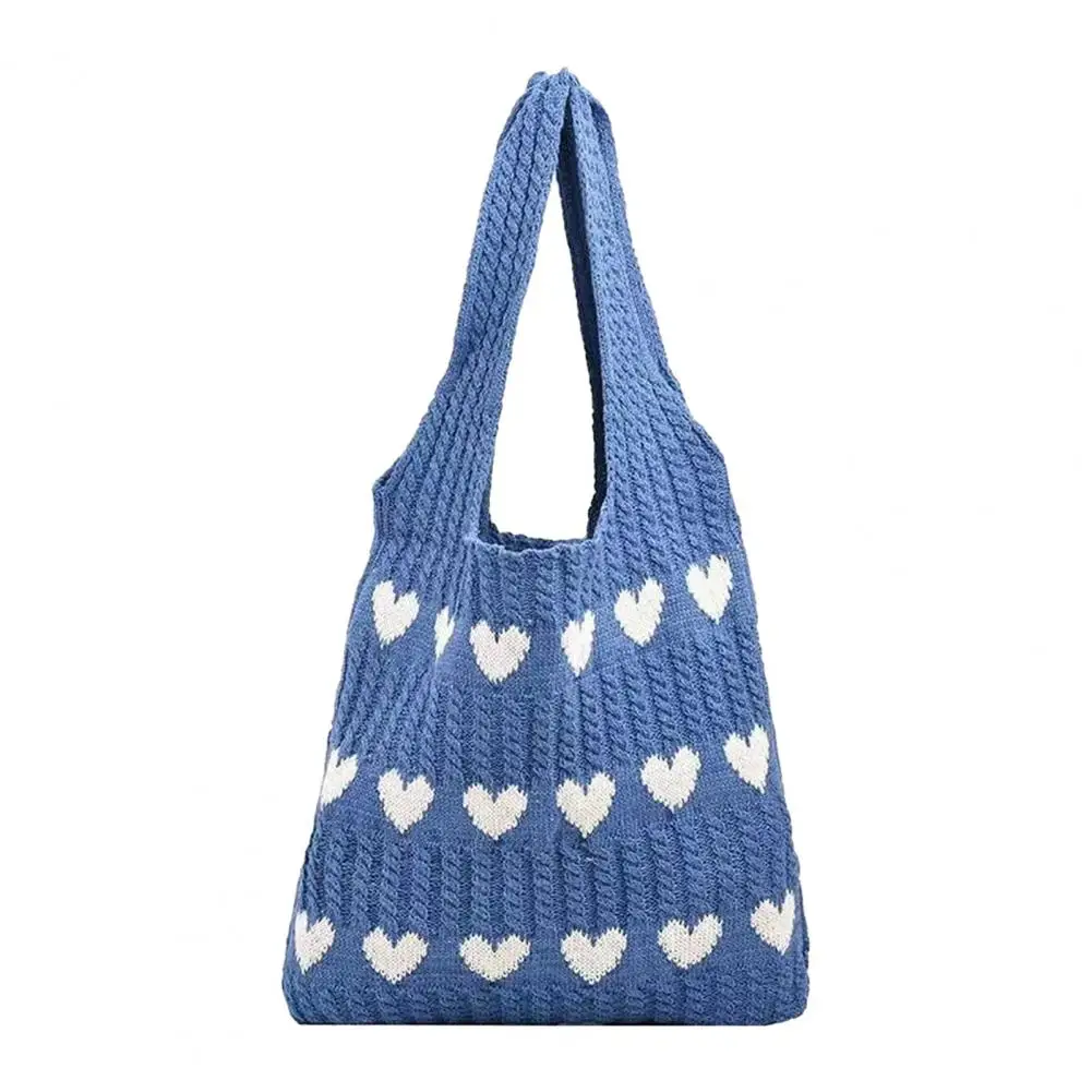 Knitted Heart Pattern Bag Stylish Knitted Women's Shoulder Bag Spacious Tote with Wide Straps Heat Pattern Lightweight Design