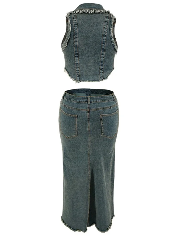 Wmstar Women Plus Size Denim Skirts Sets Two Piece Set Casual Summer Turn-down Collar Crop Tops Streetwear Matching Suits 2024