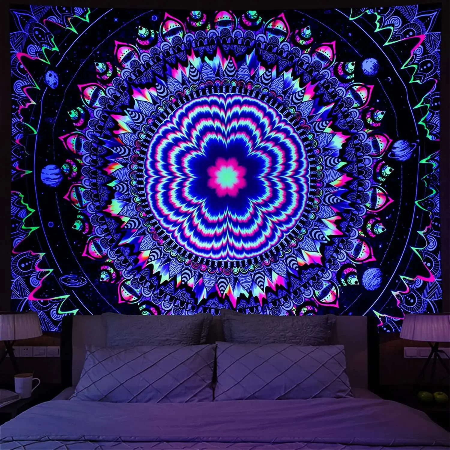 Psychedelic Black Light Indie Mandala Flourescent Tapestry Buddha UV Reactive Tapestries Wall Hanging Hippie Tapestry Room Decor