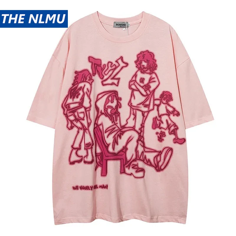 

Summer Harajuku T-Shirt Men Streetwear Funny Anime Cartoon Graphic T Shirt 2023 Men Oversized Tops Tees HipHop Pink Black