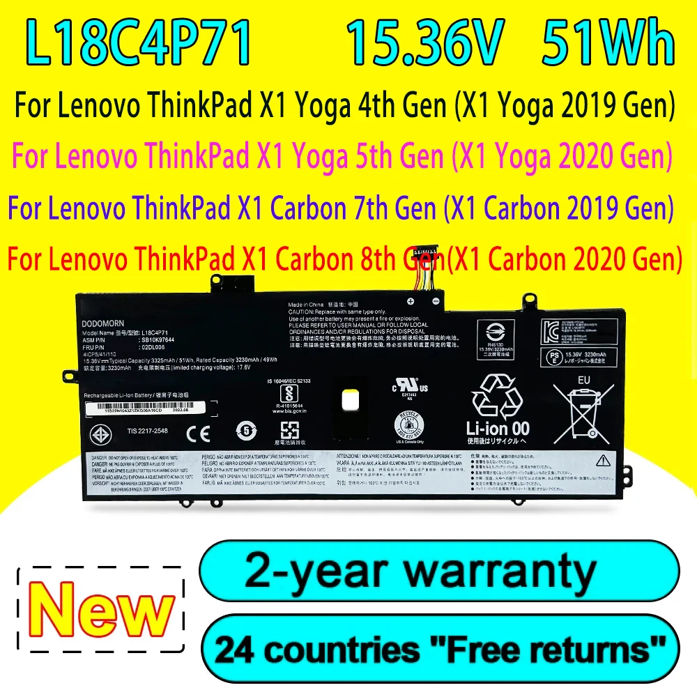 

Новый аккумулятор L18C4P71 L18M4P72 для ноутбука Lenovo ThinkPad X1 Yoga 4-го 5-го поколения, карбоновый 7-й 8-й поколения серии 51WH высокого качества 15,36 в