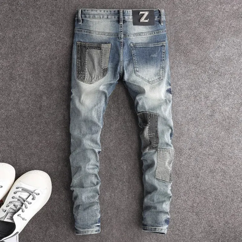 High Street Fashion Men Jeans Retro Washed Blue Stretch Slim Fit Ripped Jeans Men Patched Designer Hip Hop Denim Pencil Pants