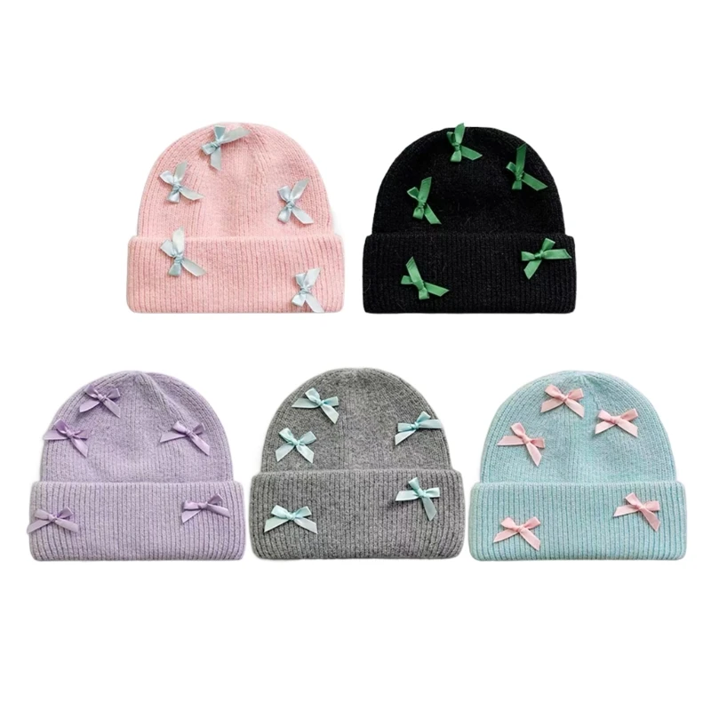 

Women Beanie Hat Y2k Bows Studded Skull Cap Turbans for Autumn Winter