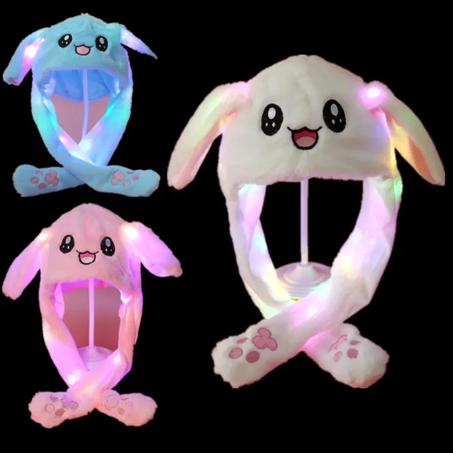

1-3PCS Kawaii Plush LED Glowing Rabbit Ears Hat Lovely Luminous Kids Adult Plush Hand Pinch Cap Moving Ears Hat with Earflap
