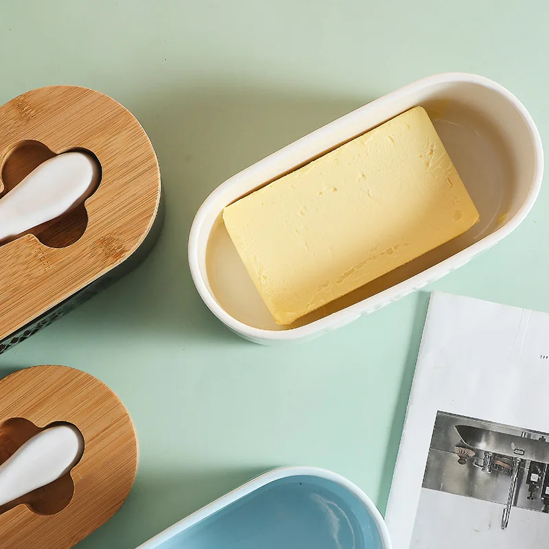 Ceramic Butter Box Butter Box Fresh-keeping Belt Wood with Knife Set Dish Household Cheese Ceramic