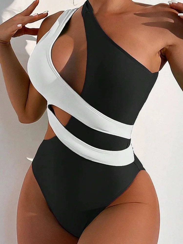

Color Block Black White One-Piece Swimsuit For Women Sexy Cut Out Monokini Swimwear 2024 Female Bathing Suits Beachwear Brazil