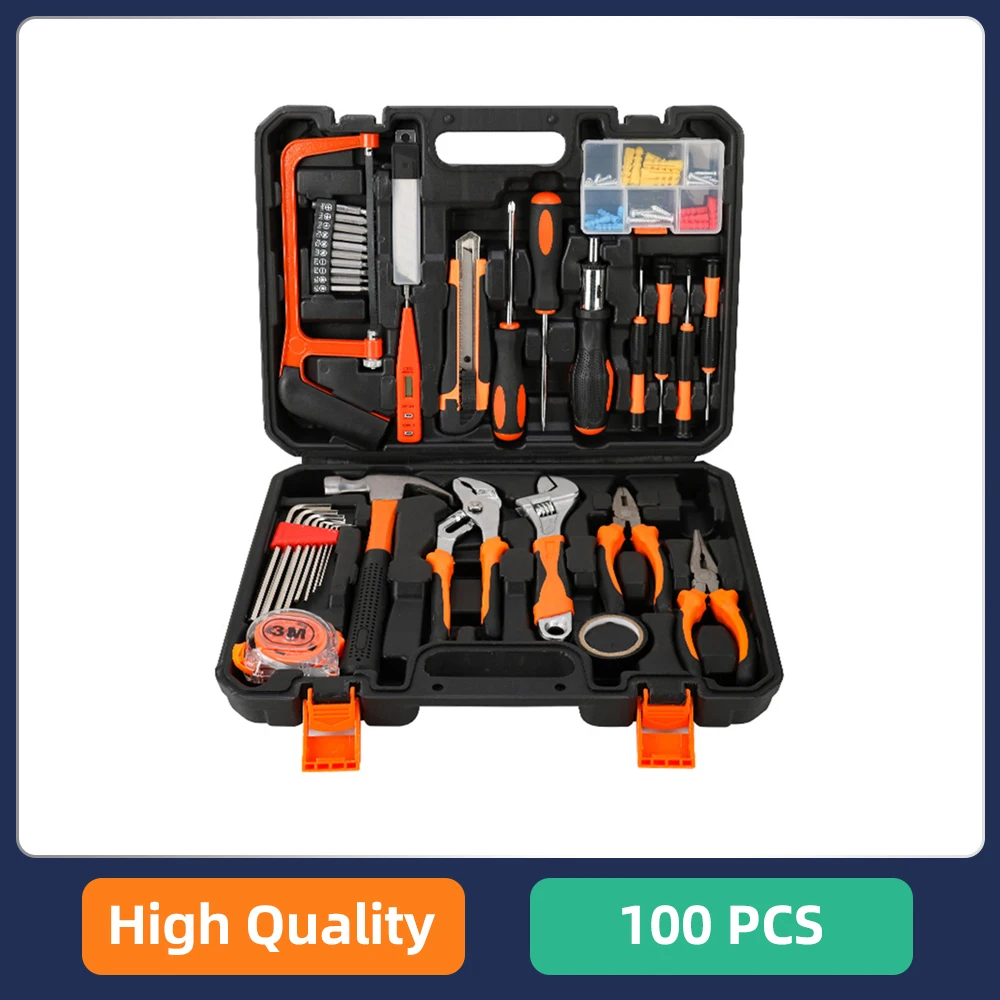 PODOFO Juego de 100 Herramientas para el Hogar, Juego de Herramientas de Reparación, Juego de Herramientas para Electricistas y Trabajos en Madera, para el Hogar, Automoción, Bricolaje, Herramienta Universal