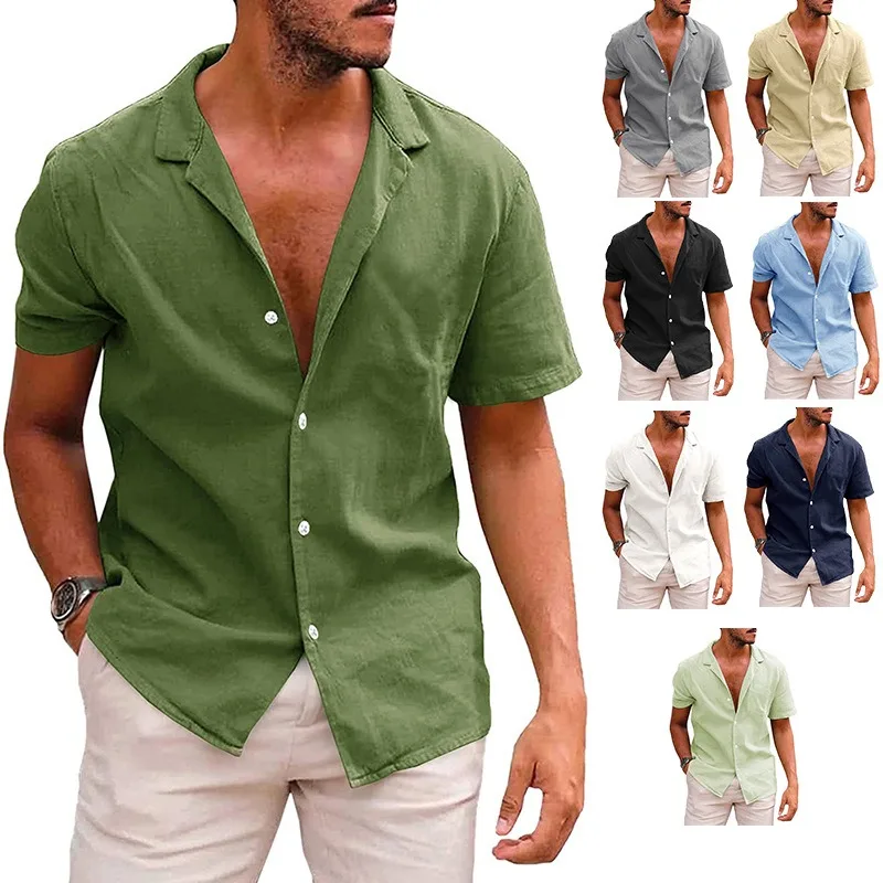 

Cotton Large Size Men's Short-sleeved T-shirt Loose Sweatshirt Solid Color Button Cardigan
