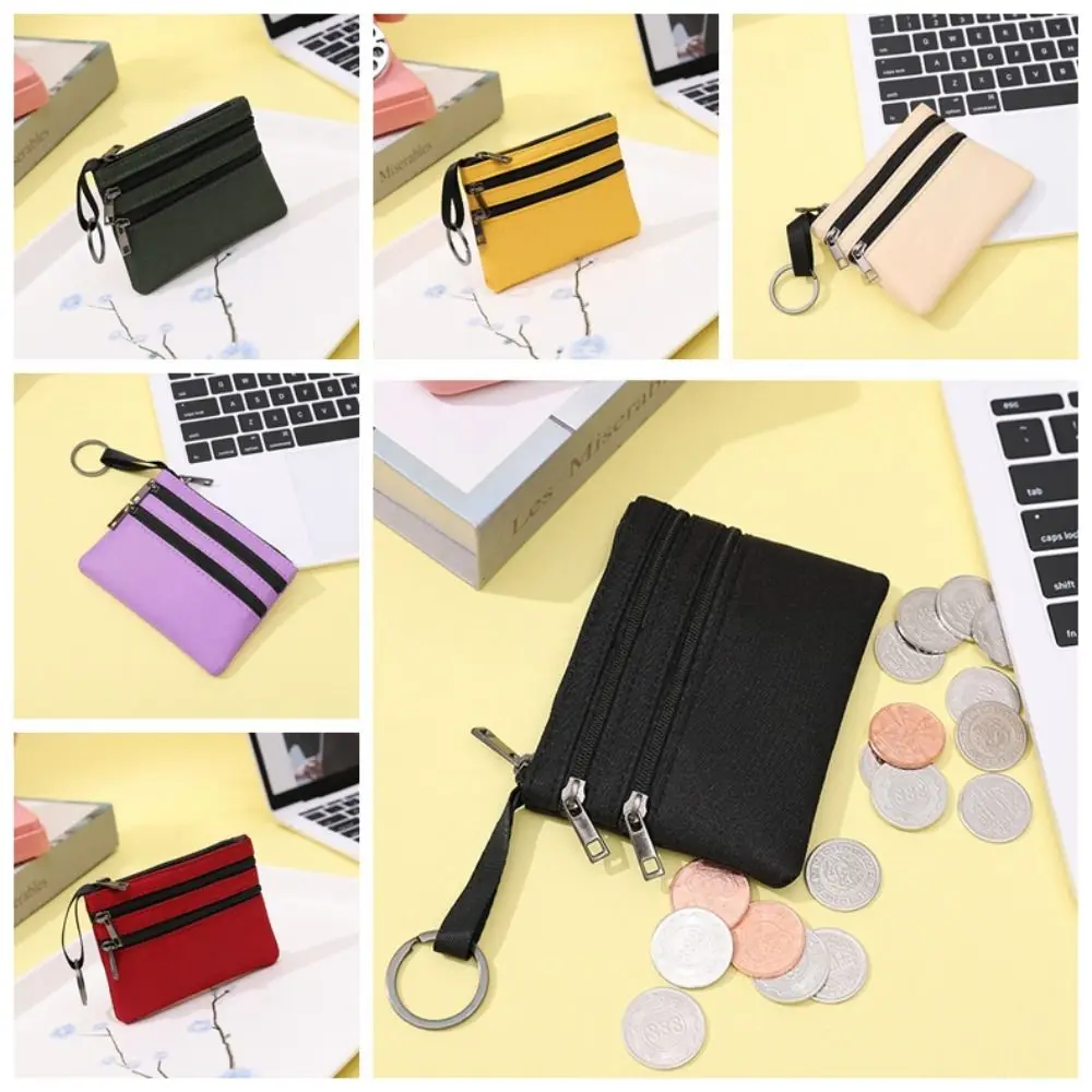 

Double Zipper Ox Cloth Coin Purse Fashion Solid Color Canvas Card Storage Bag Korean Style Coin Purse Small Item Bag Women