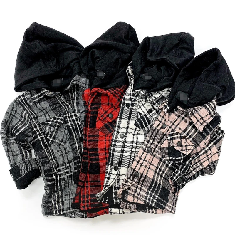FOCUSNORM 1-6Y Fashion Kids Boys Autumn Jacket Outwear Hooded Single-Breasted Plaid Printed Long Sleeve Shirts