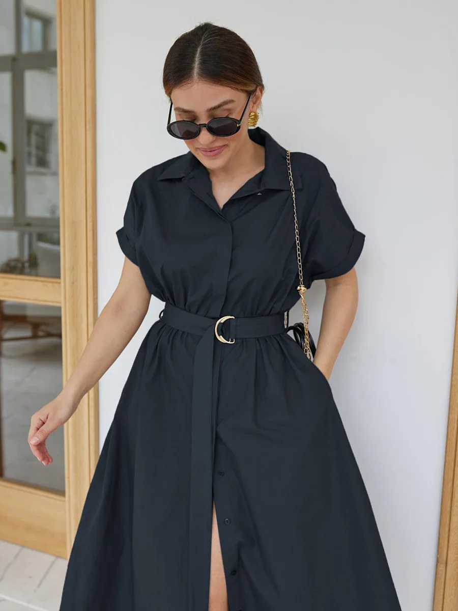 Bornladies 2026 Summer New Women's Cotton Short Sleeve Dress Single-breasted Shirt Dress Waist Belt