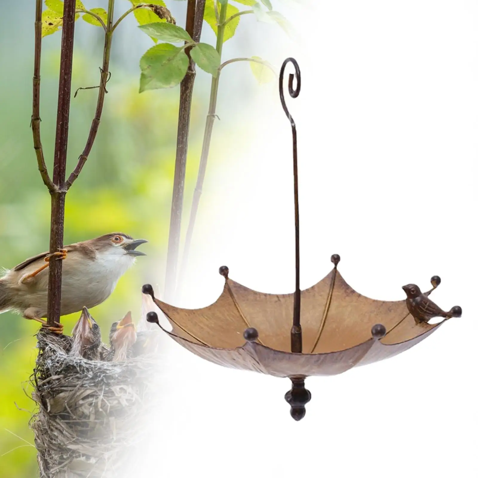 Umbrella Bird Feeder Hanging Water Tray Bird Bath Bird Food Bowl Iron Garden Decoration for Outdoor Lawn Yard Courtyard Porch
