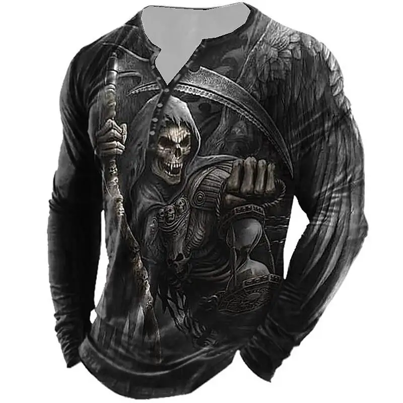 

Vintage Men's Cotton Skull T-shirts 3D Print Skull Long Sleeve T Shirt For Men Horror Clothing Oversized Tee Top Punk Streetwear