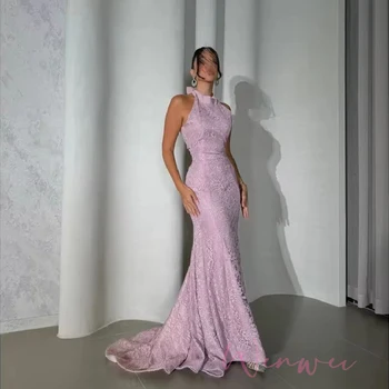 Customized Evening Dresses Sleeveless Wedding Dress Pink Mermaid Halter Neck robes de soirée Flowers Embroidery Lace  2025