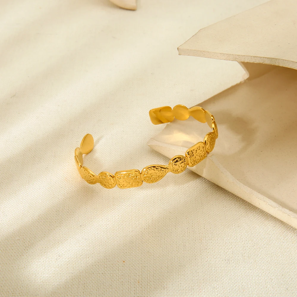 Stylish Gold Plated Stainless Steel Geometric Hammered Eeffect Open Bangle Unique Women Waterproof Jewelry 5