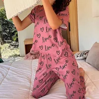 Pyjama rose foncé pour femmes, T-shirt et pantalon à manches courtes avec lettres imprimées, vêtements de nuit, 2 pièces, vêtements de maison décontractés 5
