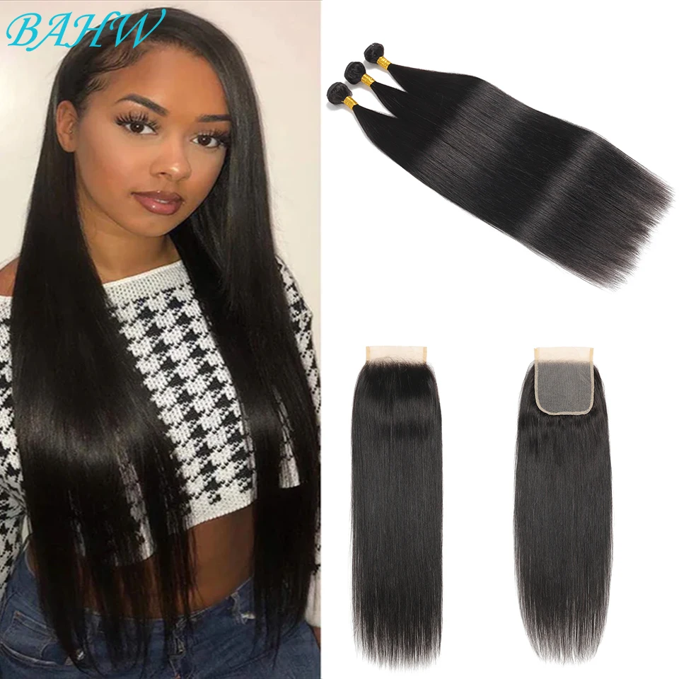 12A Bone Straight Bundles With Closure Indian Hair Weave Bundles With Closure 30 Inch Human Hair with Remy