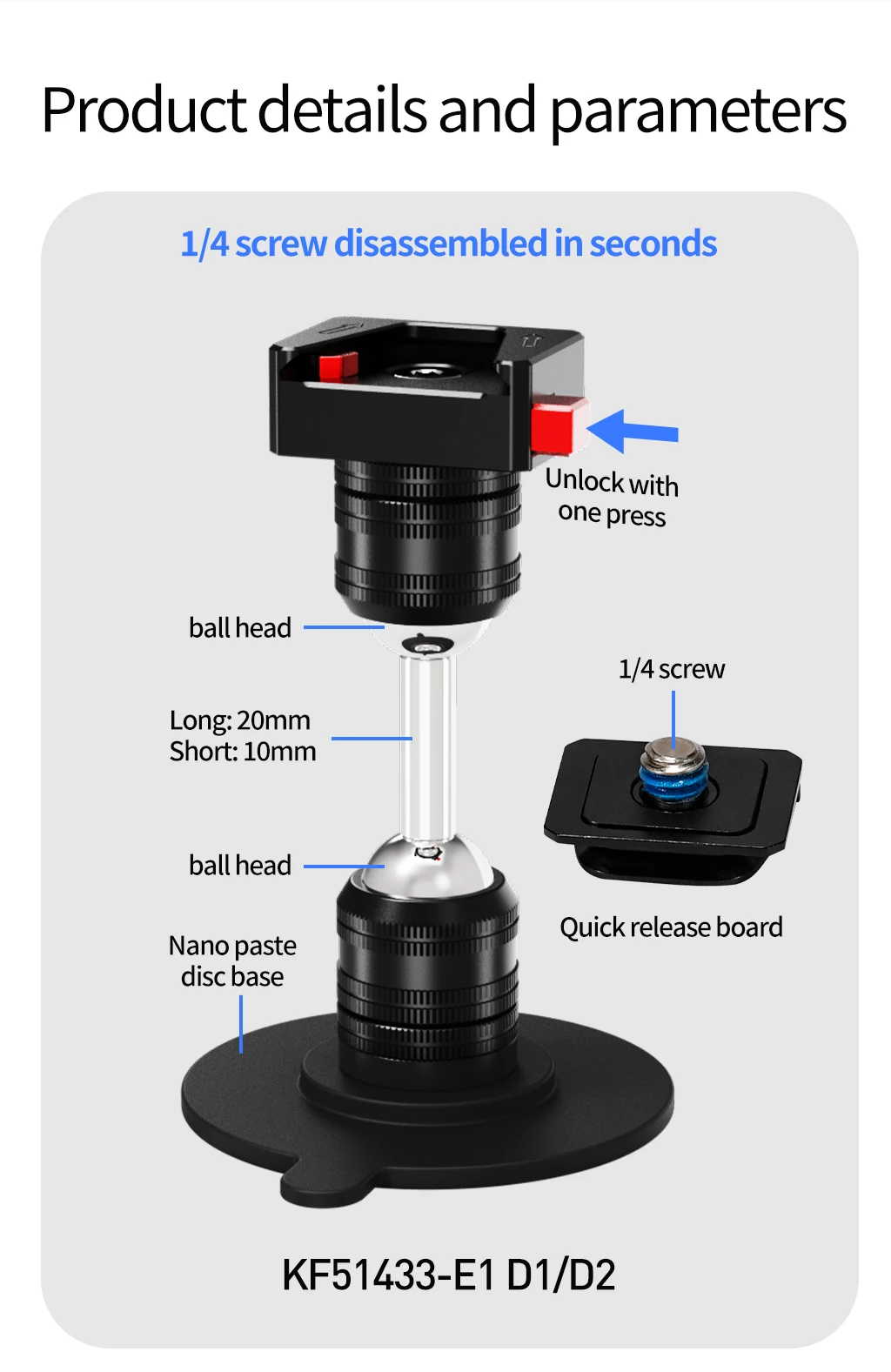 54 mm starke Aufkleberbasis, Schnellverschluss-Halterung 360 ° Rotation Dual Ballhead Halterung Basis Action Kamera Halter für DJI Insta360 G03 – Detail 11