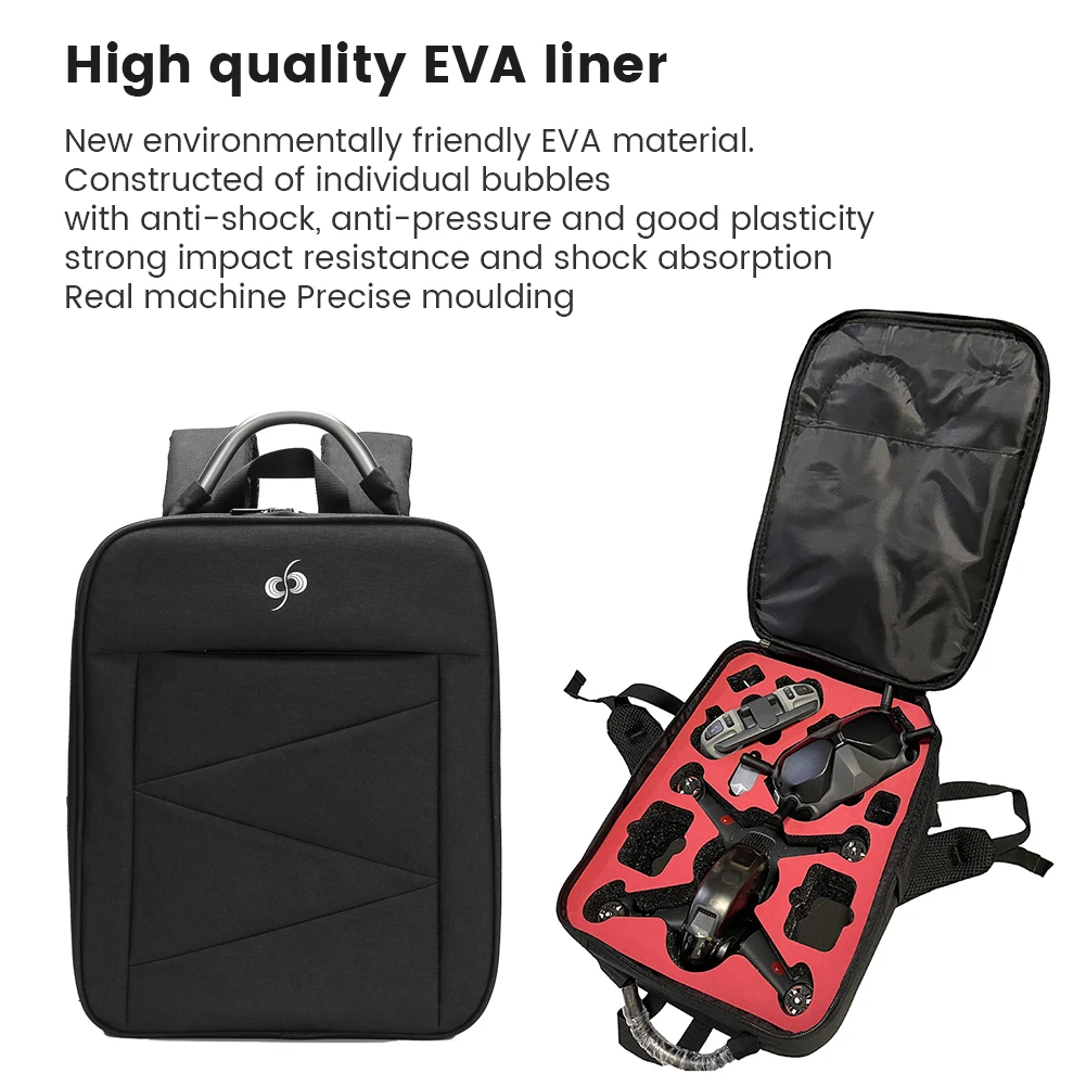 Sac à dos étanche antichoc pour DJI FPV Combo ouvert, montrant le compartiment rembourré pour le drone et accessoires.