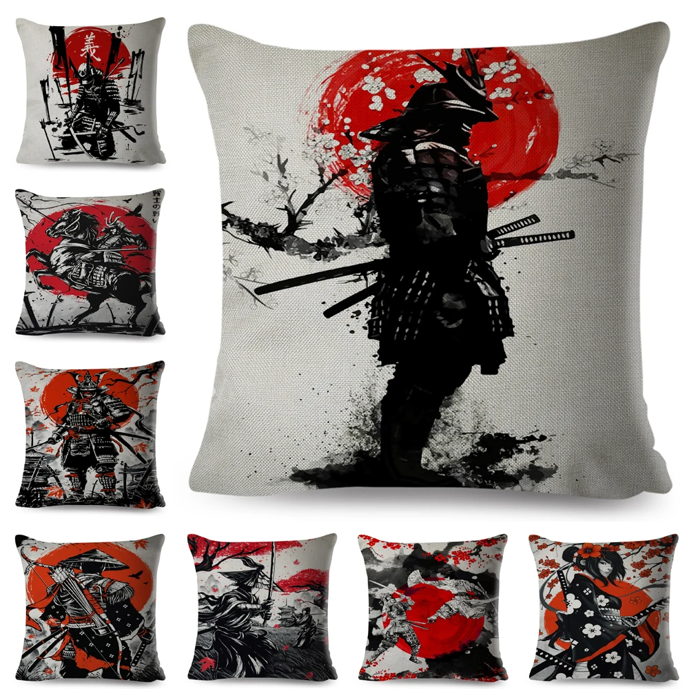 

Japanese Style Ink Cushion Cover for Sofa Home Car Decor Beautiful Scenery Warrior Girl Pillowcase Linen Pillow Case 45x45cm