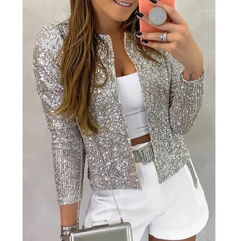 2026 Fashion Sequin Jackets Women Glitter Long Sleeve Short Coats Elegant Spring Outwear Office Ladies Solid  Streetwear Jacket 1