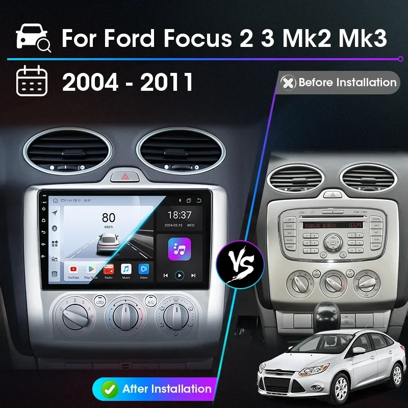 Radio de coche inalámbrica Carplay Android para Ford Focus 2 3 Mk2/Mk3 2004-2011 reproductor de vídeo Multimedia 2Din unidad principal navegación estéreo 2
