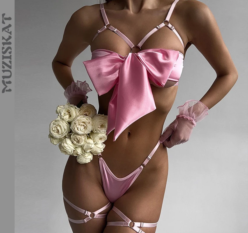 MUZISKAT Set di lingerie rossa per donna 2023 Set di lingerie con ferretto per donna bella biancheria intima sexy in raso cut-out con fiocco_voghion.com