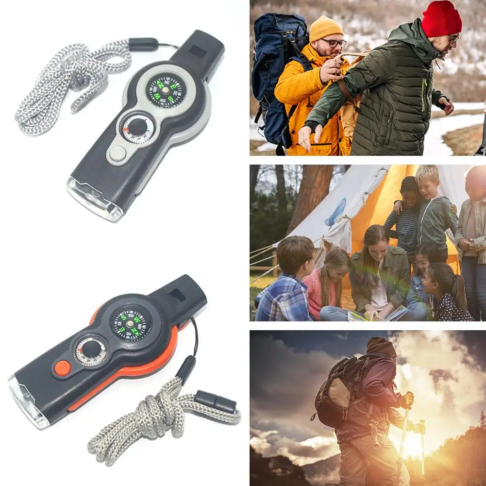 7 In 1 Multi-function Outdoor Whistle Army Green High Flashlig Signal Compass Thermometer LED Life-saving Mirror Decibel Wh F8L7