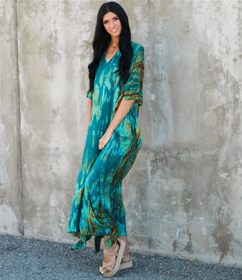Fashion Casual Striped Print Long Dresses Women Bohemian V-neck Bat Sleeve Loose Slit Beach Dress Summer New Beachwear Vestidos 148 Fashion Casual Striped Print Long Dresses Women Bohemian V-neck Bat Sleeve Loose Slit Beach Dress Summer New Beachwear Vestidos