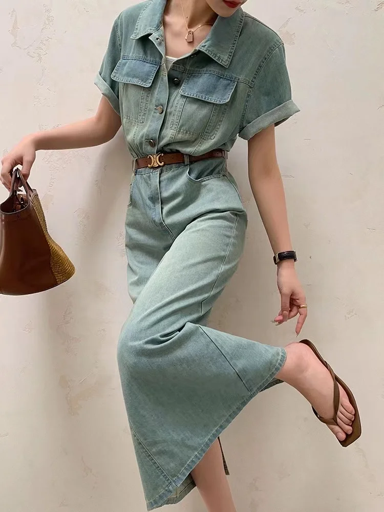 

Vintage Casual Turn-down Collar 2024 Summer Female Denim Dress Short Sleeve Loose Women Jeans Dress Vestidos S904a
