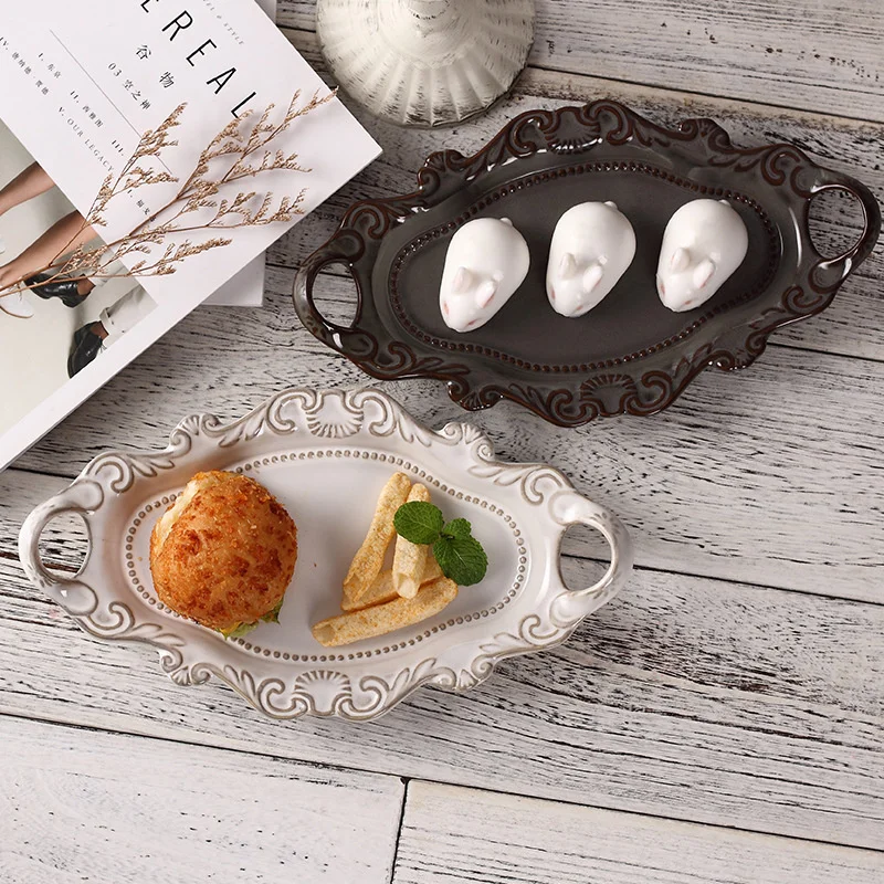 Embossed Ceramic Dinner Plates Steak Plate Wedding Storage Serving Tray Restaurant Tableware