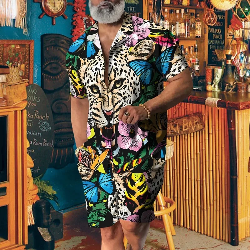 Animal Leopard 3D Print Men Shirt Sets Fashion Short Sleeve Shirt Oversized Beach Shorts Streetwear Hawaiian Suits Clothes 2
