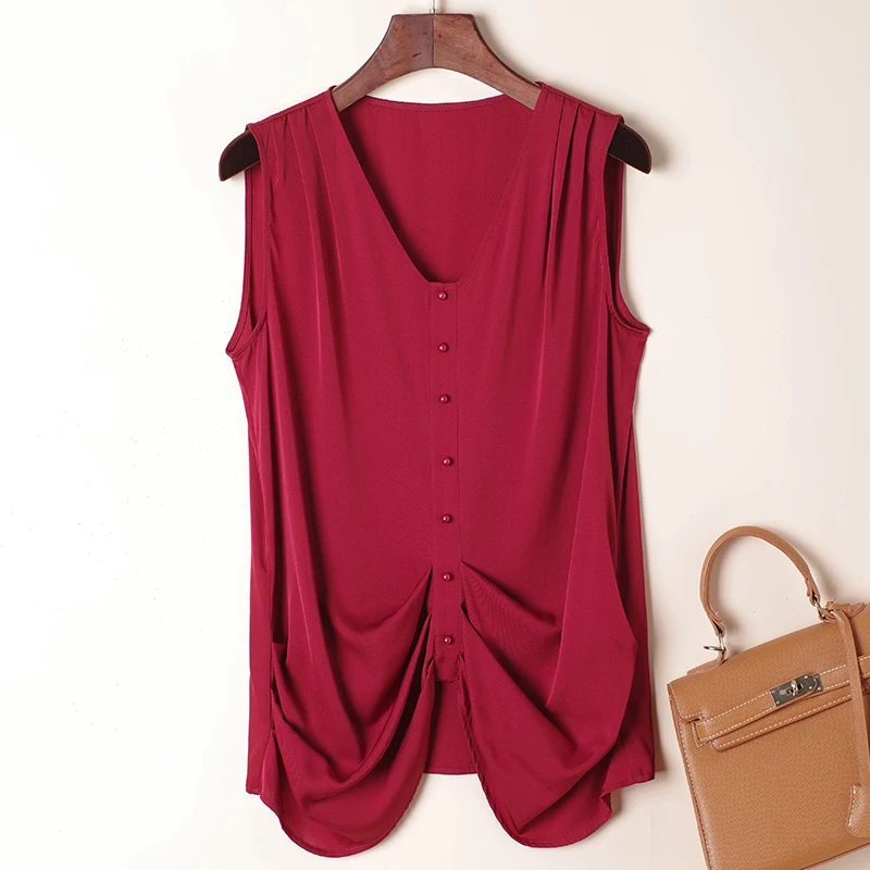 

2023 Summer Women's Shirt Elegant Fashion Shirts Blouses For Women V-neck Sleeveless Blouse Woman Real Silk Blouse Solid Tops