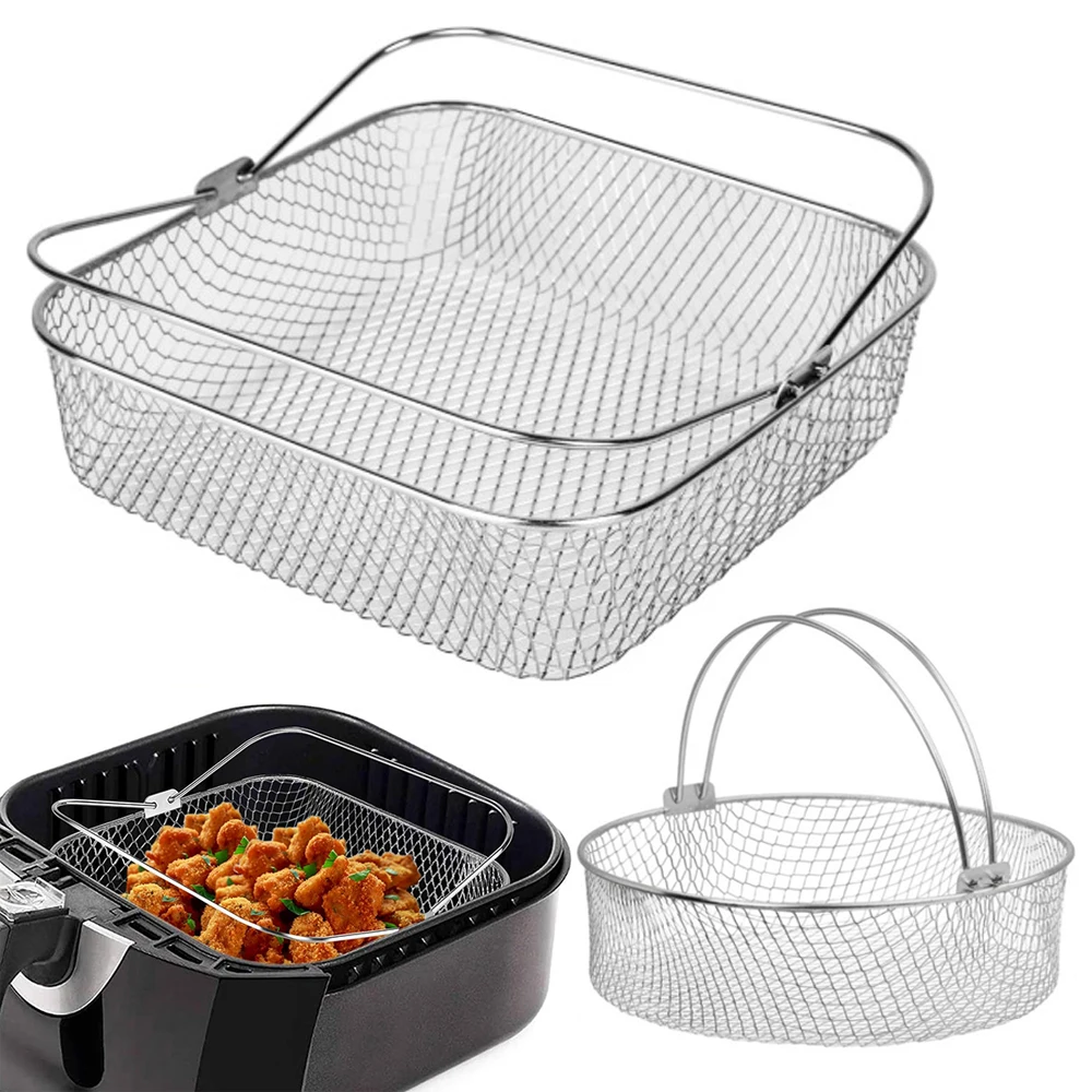 Grill Basket for Veggies 20cm Air Fryer Stainless Steel Square Round Mesh Basket Air Fryer Steamer Basket With Handle Metal Crisper