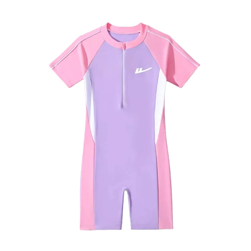 بدلة سباحة بسحاب أمامي من قطعة واحدة للفتيات ملابس سباحة للأطفال بأكمام قصيرة نمط ملابس بحر مقاس كبير