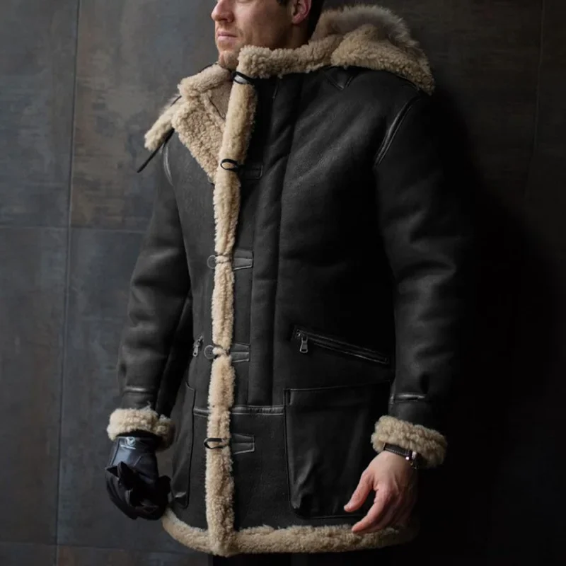 Mens Jacket Faux Leather Plush Fur Integrated Hooded Jacket with Single Row Button Decoration