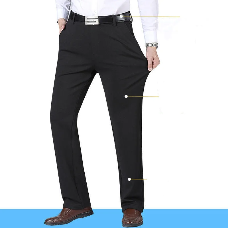 Spring Autumn Men's Clothing Business Casual Elastic Breathable High Waist Thickened Trousers Polyester Straight Leg Pants