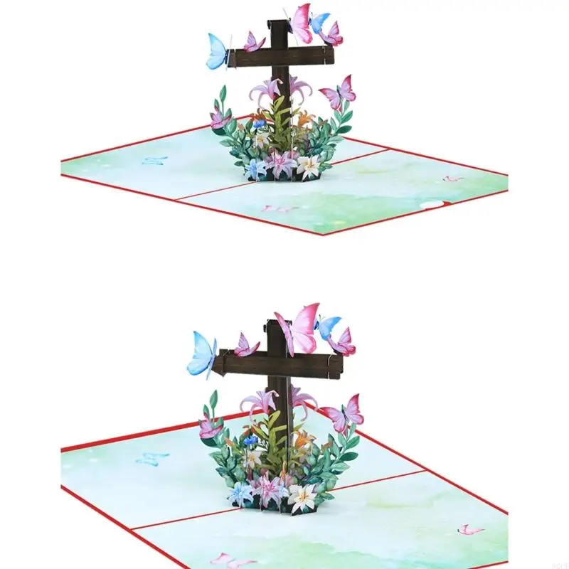 62CE 3D Popup Easters Card,Flower Religious Crosses Easters Card Popup Greeting Cards