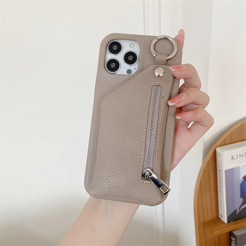 Lychee PU Leather Wallet Cover with Zipper and Stand