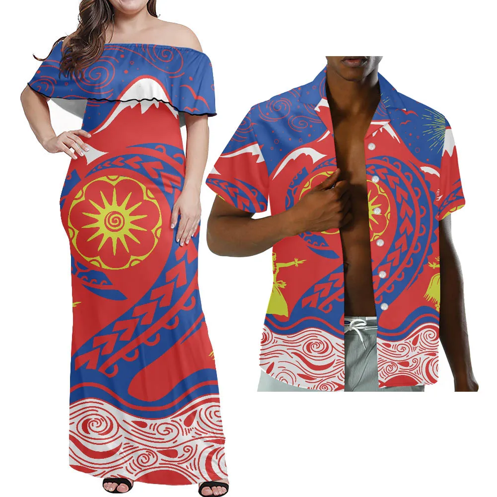 

HYCOOL Polynesian Red Off Shoulder Dress Polynesian Tribal Hawaii Maxi Dresses Women Elegant Summer Couple Matching Clothing