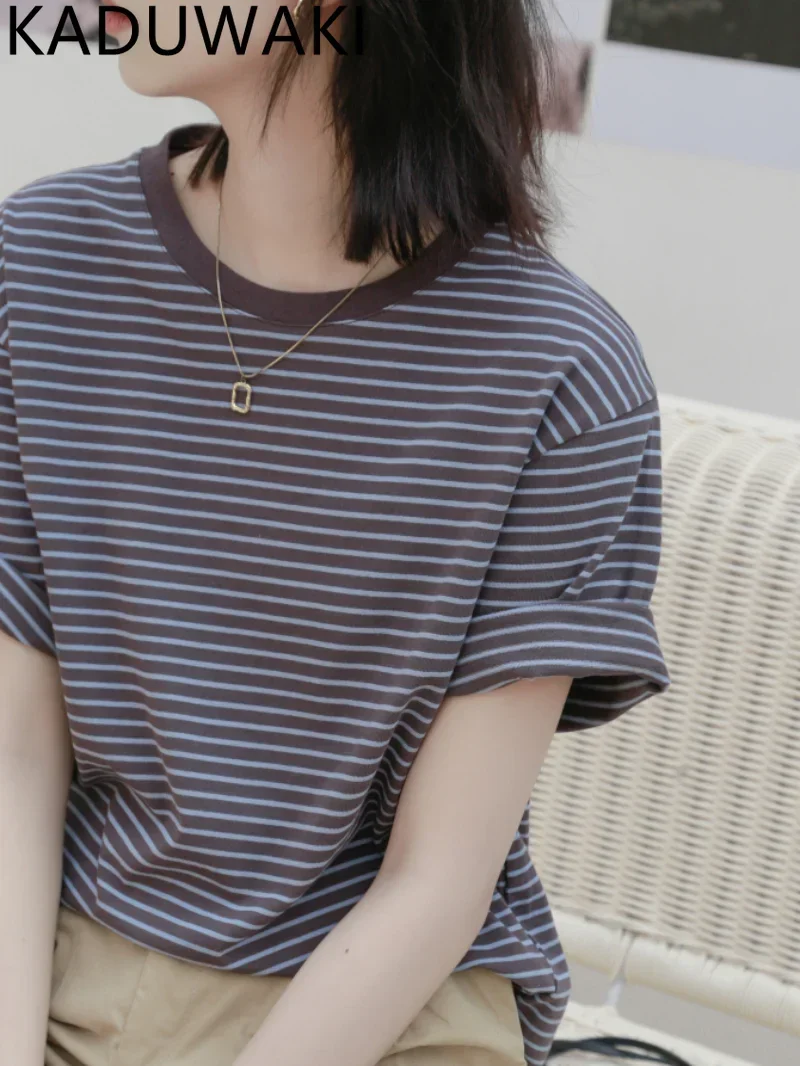 

T-shirt Women Striped Soft O-neck Summer New Arrive Loose All-match Tops Short Sleeve Female Street Wear Casual Fashion Bf Ins