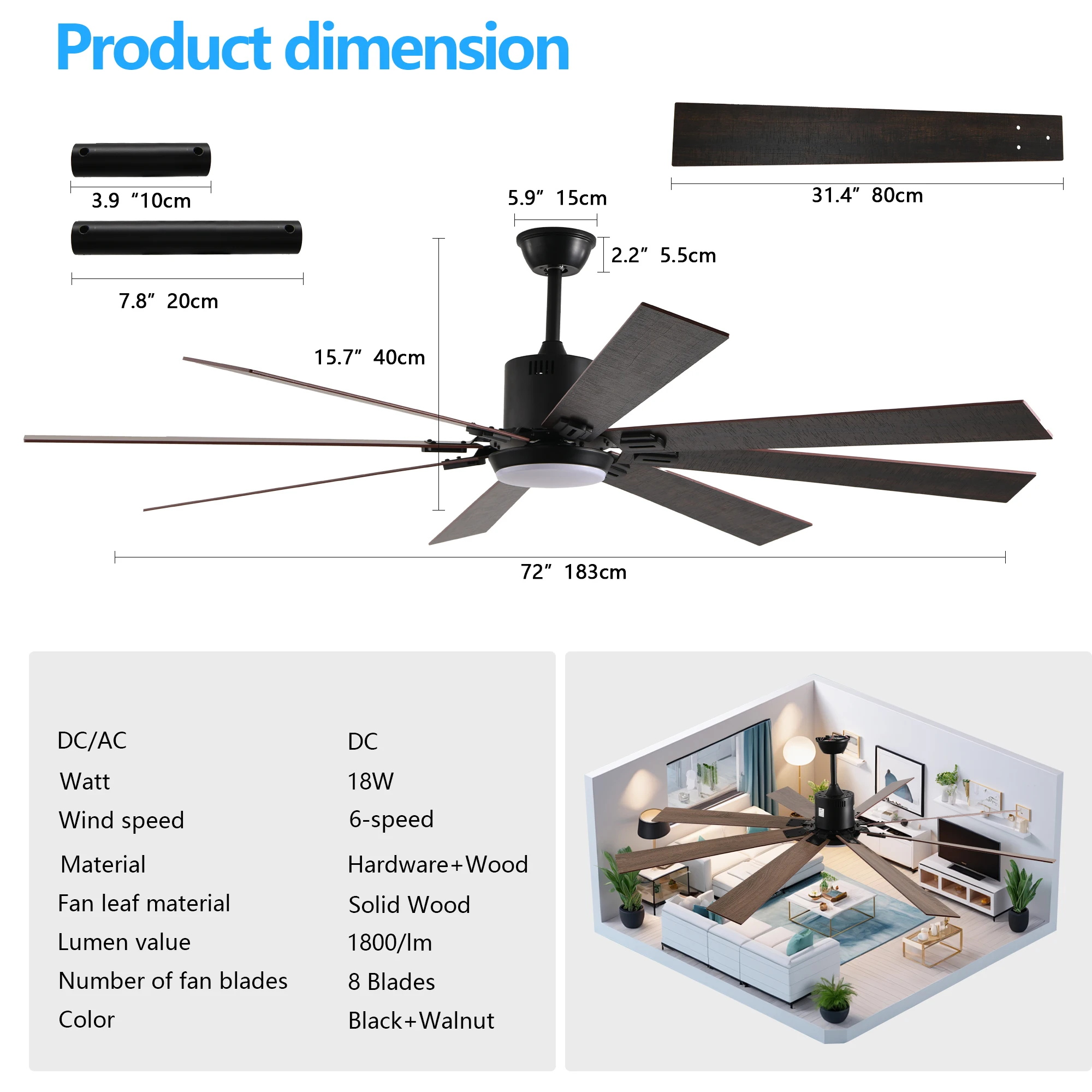 ARLGSITE 72 Inch Walnut LED Ceiling Fan Light with 8 Wooden Blades Remote Control Adjustable Color Temperature for Living Room
